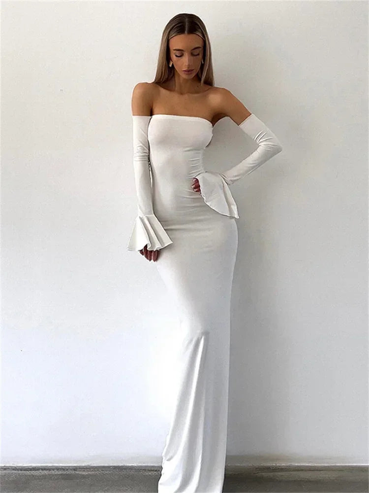 Trendix Black Elegant Evening Dress Women Sexy Off Shoulder Slim High Waist Tube Dresses Beach Party Ruffle Backless Long Dress