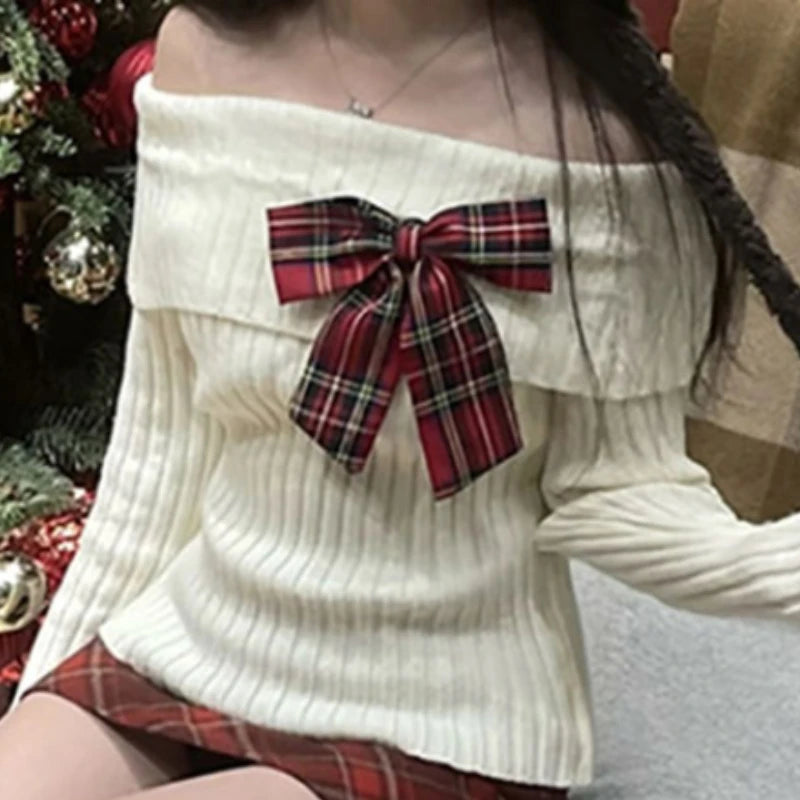 Autumn Winter Sweet Knitted Two Piece Sets Women Elegant Bow Sweater Tops Retro Plaid Mini Skirt Suit Harajuku Sexy Y2k Outfits