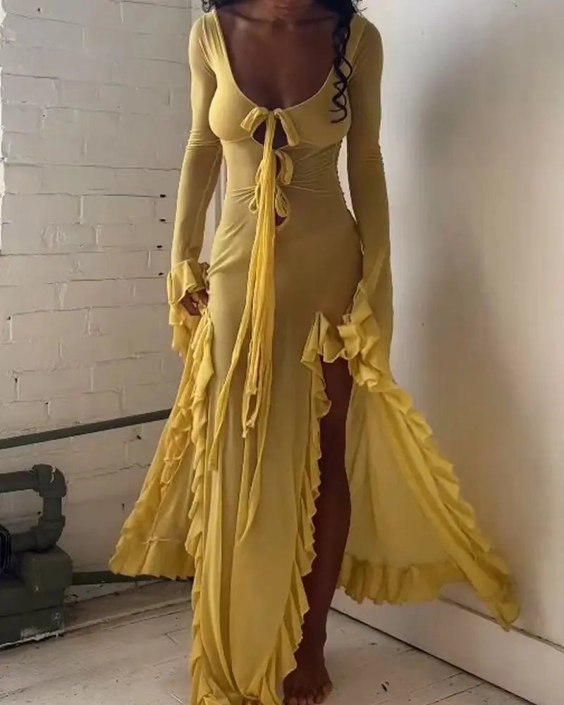 Summer slim-fitting see-through sexy hot girl dress elegant solid color V-neck strappy long sleeves ruffled slit long skirt