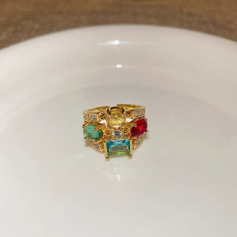 Vintage Colorful Zircon Rings For Women Square Exquisite Crystal Adjustable Geometric Finger Ring Wedding Jewelry Gifts