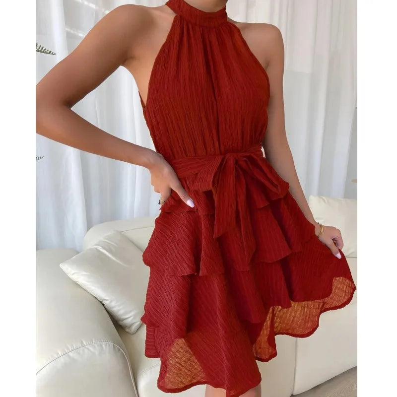 Women Party Dress Off Shoulder Sleeveless Halter Neck Ruffle A-line Loose Hem Solid Color Belted Tight Waist Knee Length Midi Dr