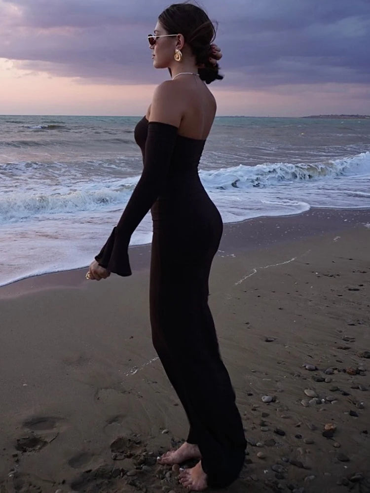 Trendix Black Elegant Evening Dress Women Sexy Off Shoulder Slim High Waist Tube Dresses Beach Party Ruffle Backless Long Dress
