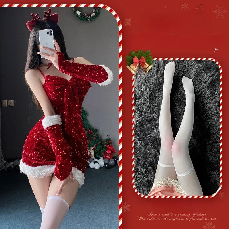 Sexy Bodycon Women Christmas Sexy Lady Santa Claus Cosplay Costume Sexy Lingerie Winter Red Dress New Year's Party Dress