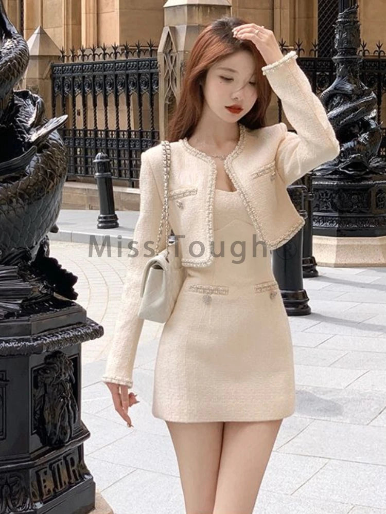Frence Elegant Two Piece Set Women Korean Fashion Retro Party Mini Skirt Suit Female Long Sleeve Chic Design Vintage Set 2024