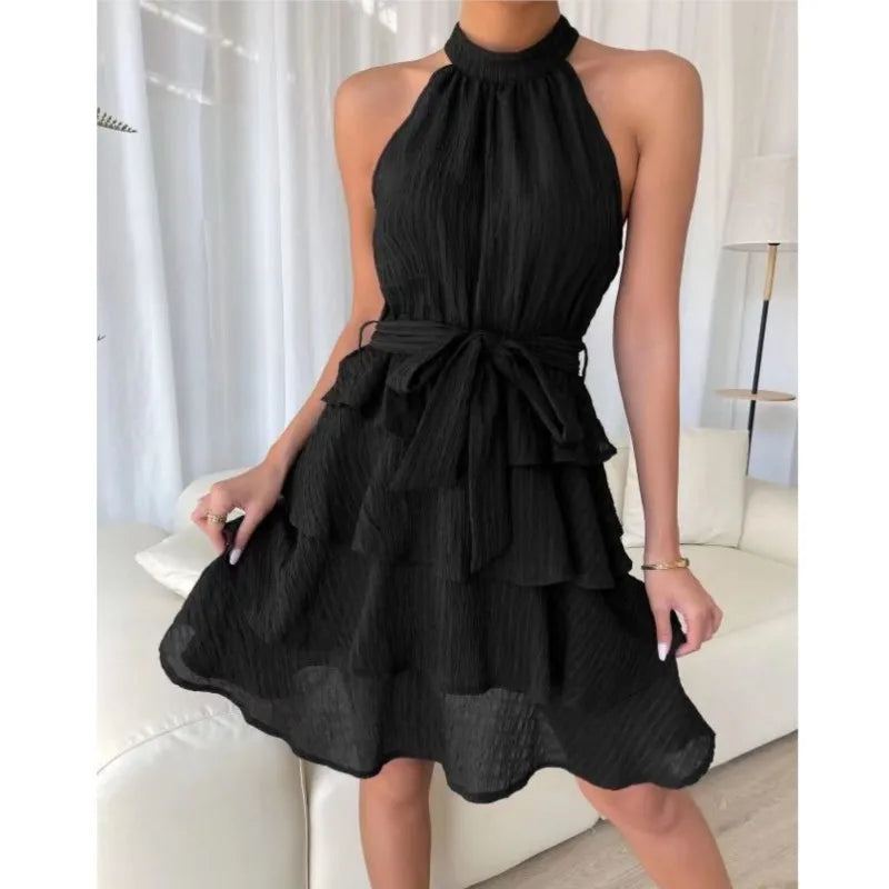 Women Party Dress Off Shoulder Sleeveless Halter Neck Ruffle A-line Loose Hem Solid Color Belted Tight Waist Knee Length Midi Dr