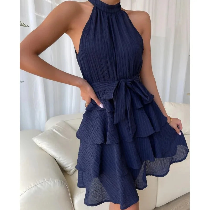 Women Party Dress Off Shoulder Sleeveless Halter Neck Ruffle A-line Loose Hem Solid Color Belted Tight Waist Knee Length Midi Dr