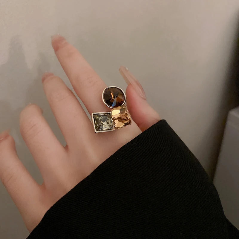 Vintage Colorful Zircon Rings For Women Square Exquisite Crystal Adjustable Geometric Finger Ring Wedding Jewelry Gifts