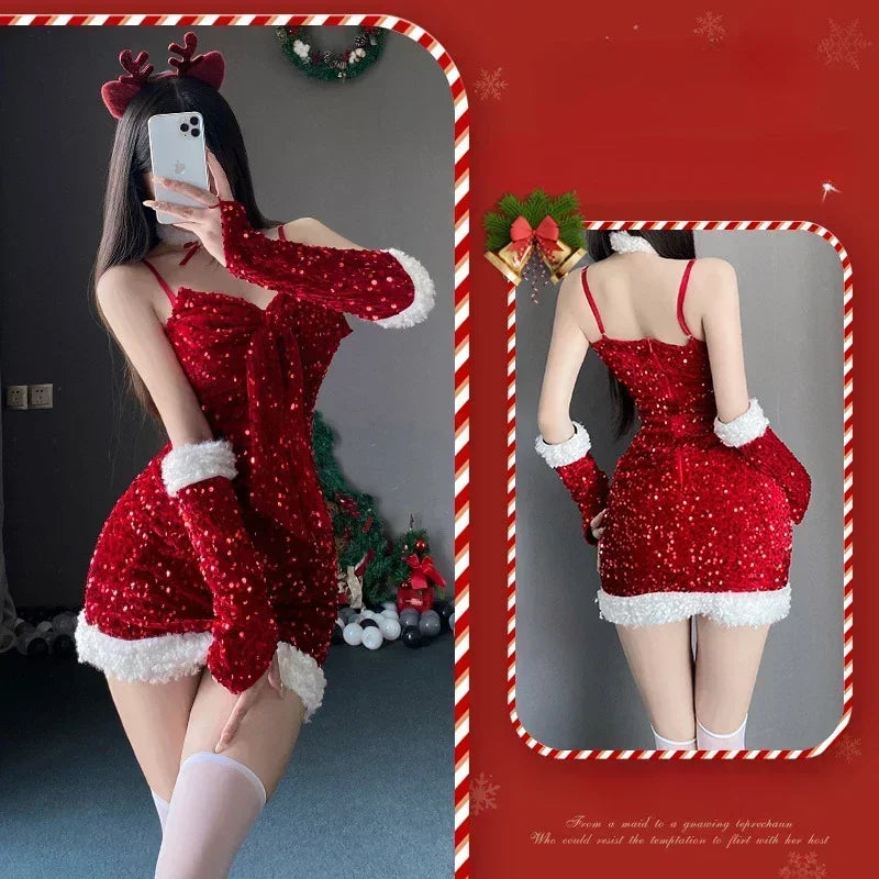 Sexy Bodycon Women Christmas Sexy Lady Santa Claus Cosplay Costume Sexy Lingerie Winter Red Dress New Year's Party Dress