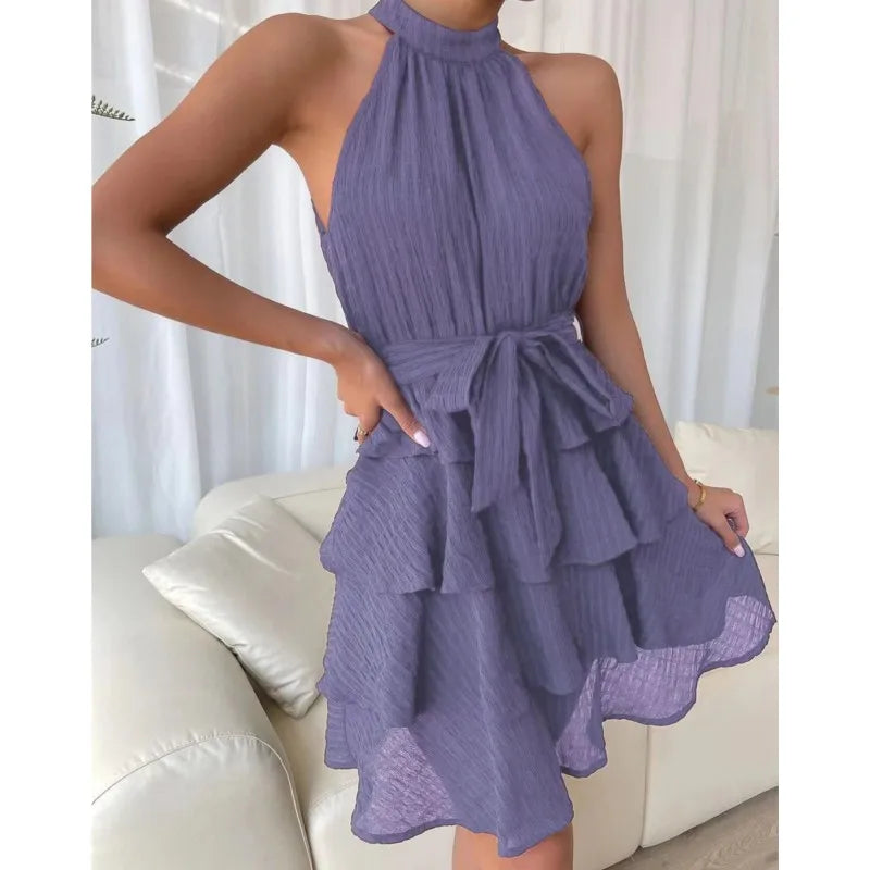 Women Party Dress Off Shoulder Sleeveless Halter Neck Ruffle A-line Loose Hem Solid Color Belted Tight Waist Knee Length Midi Dr