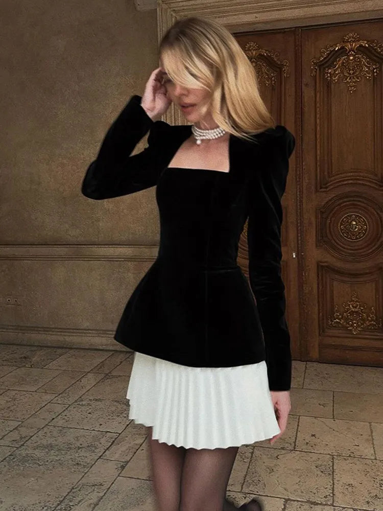 Women Fashion Long Sleeve Contrasting Pleated Hem Dress Sexy Square Neck Slim Fit Vestidos 2024 Autumn Winter Party Streetwear