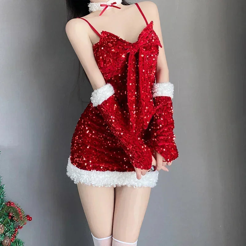 Sexy Bodycon Women Christmas Sexy Lady Santa Claus Cosplay Costume Sexy Lingerie Winter Red Dress New Year's Party Dress