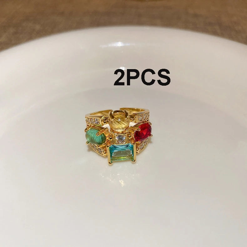 Vintage Colorful Zircon Rings For Women Square Exquisite Crystal Adjustable Geometric Finger Ring Wedding Jewelry Gifts