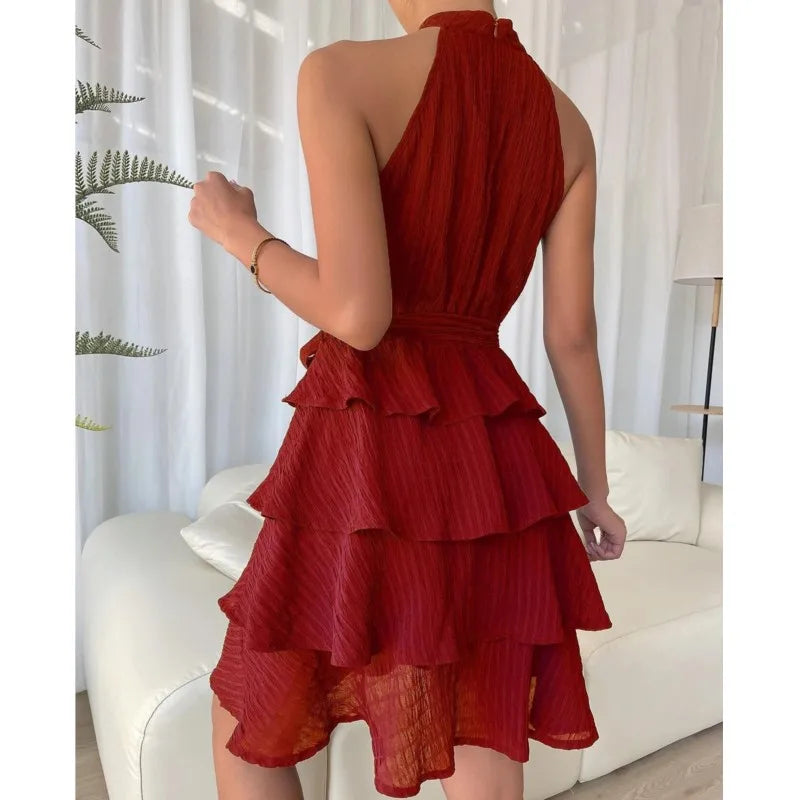 Women Party Dress Off Shoulder Sleeveless Halter Neck Ruffle A-line Loose Hem Solid Color Belted Tight Waist Knee Length Midi Dr