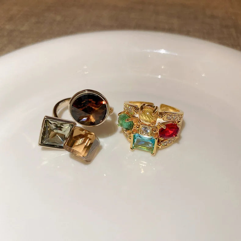Vintage Colorful Zircon Rings For Women Square Exquisite Crystal Adjustable Geometric Finger Ring Wedding Jewelry Gifts