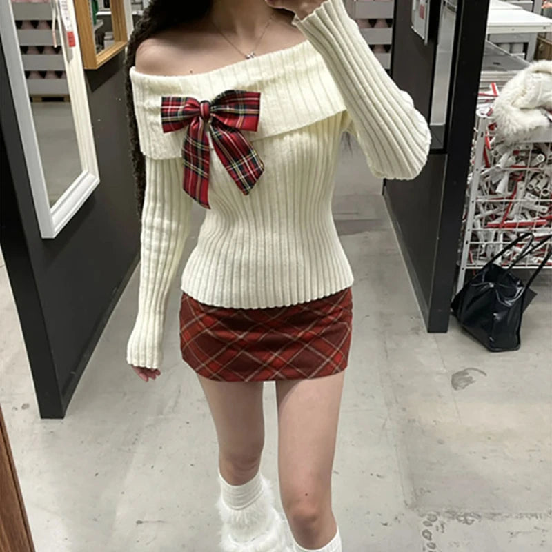 Autumn Winter Sweet Knitted Two Piece Sets Women Elegant Bow Sweater Tops Retro Plaid Mini Skirt Suit Harajuku Sexy Y2k Outfits
