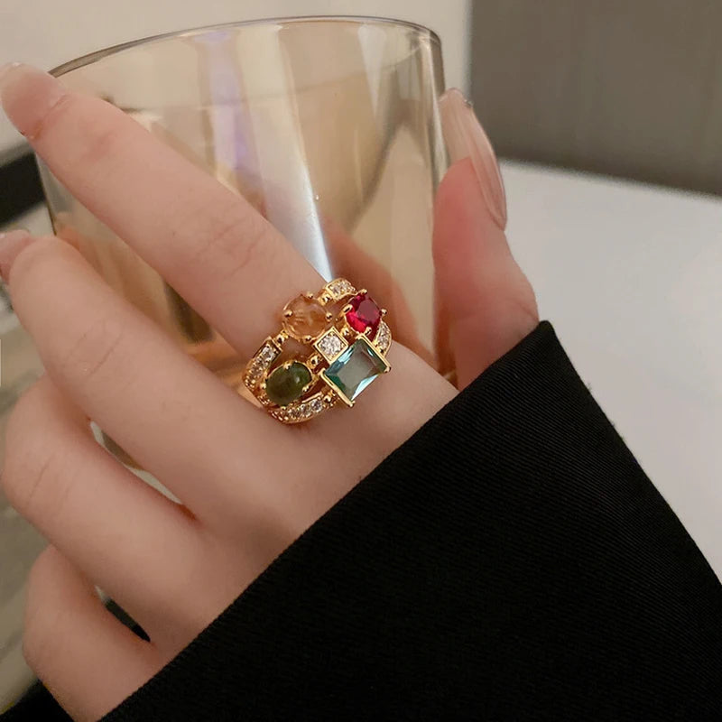 Vintage Colorful Zircon Rings For Women Square Exquisite Crystal Adjustable Geometric Finger Ring Wedding Jewelry Gifts