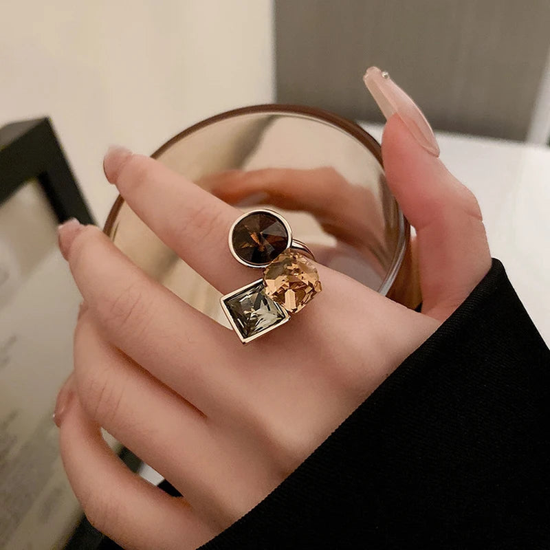 Vintage Colorful Zircon Rings For Women Square Exquisite Crystal Adjustable Geometric Finger Ring Wedding Jewelry Gifts