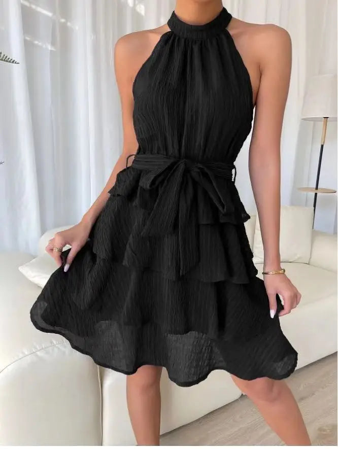 Women Party Dress Off Shoulder Sleeveless Halter Neck Ruffle A-line Loose Hem Solid Color Belted Tight Waist Knee Length Midi Dr