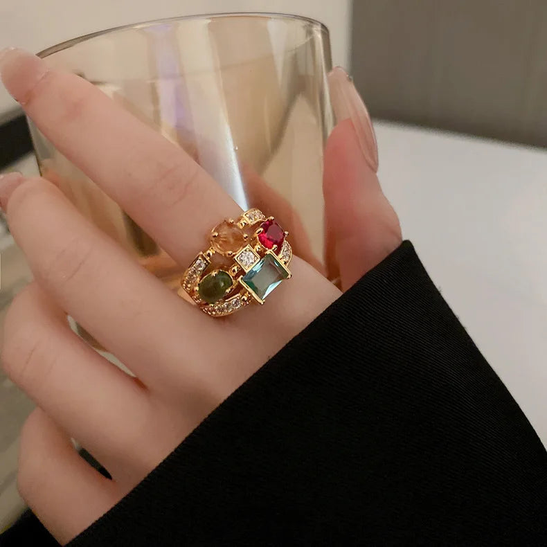Vintage Colorful Zircon Rings For Women Square Exquisite Crystal Adjustable Geometric Finger Ring Wedding Jewelry Gifts