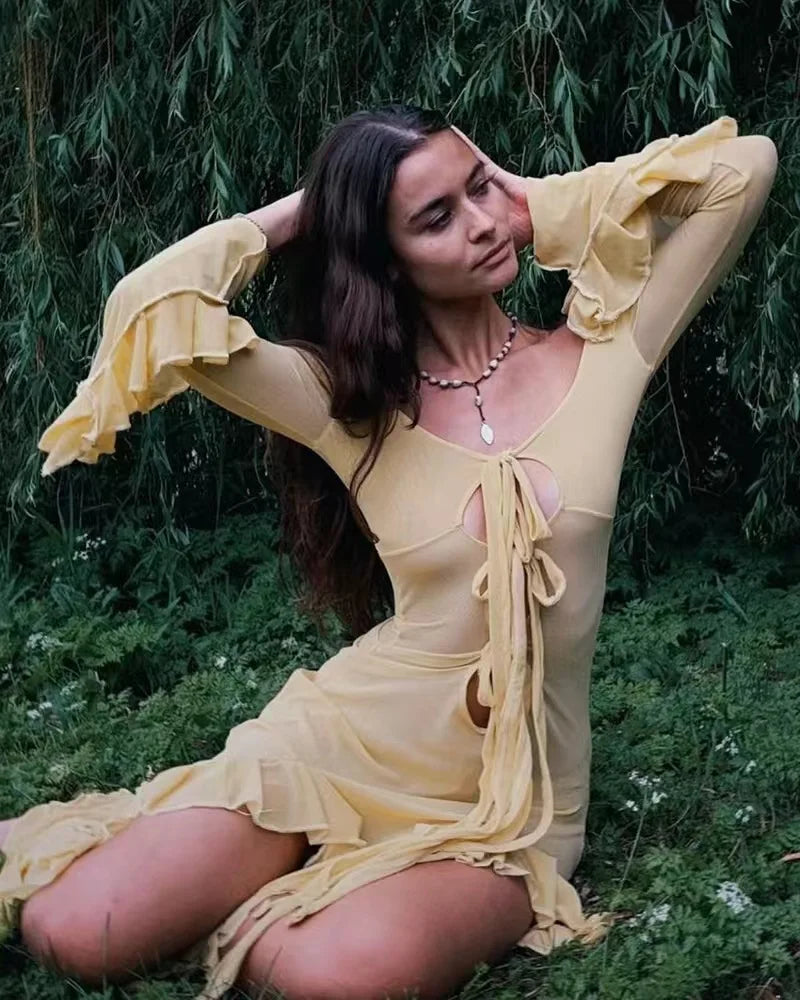 Summer slim-fitting see-through sexy hot girl dress elegant solid color V-neck strappy long sleeves ruffled slit long skirt