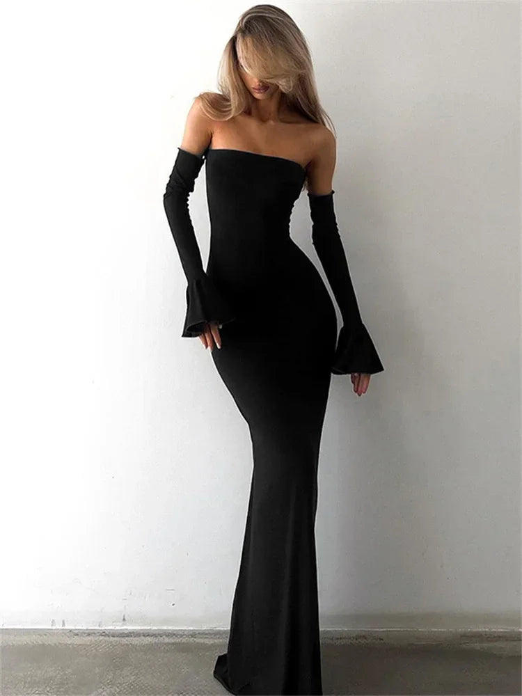 Trendix Black Elegant Evening Dress Women Sexy Off Shoulder Slim High Waist Tube Dresses Beach Party Ruffle Backless Long Dress